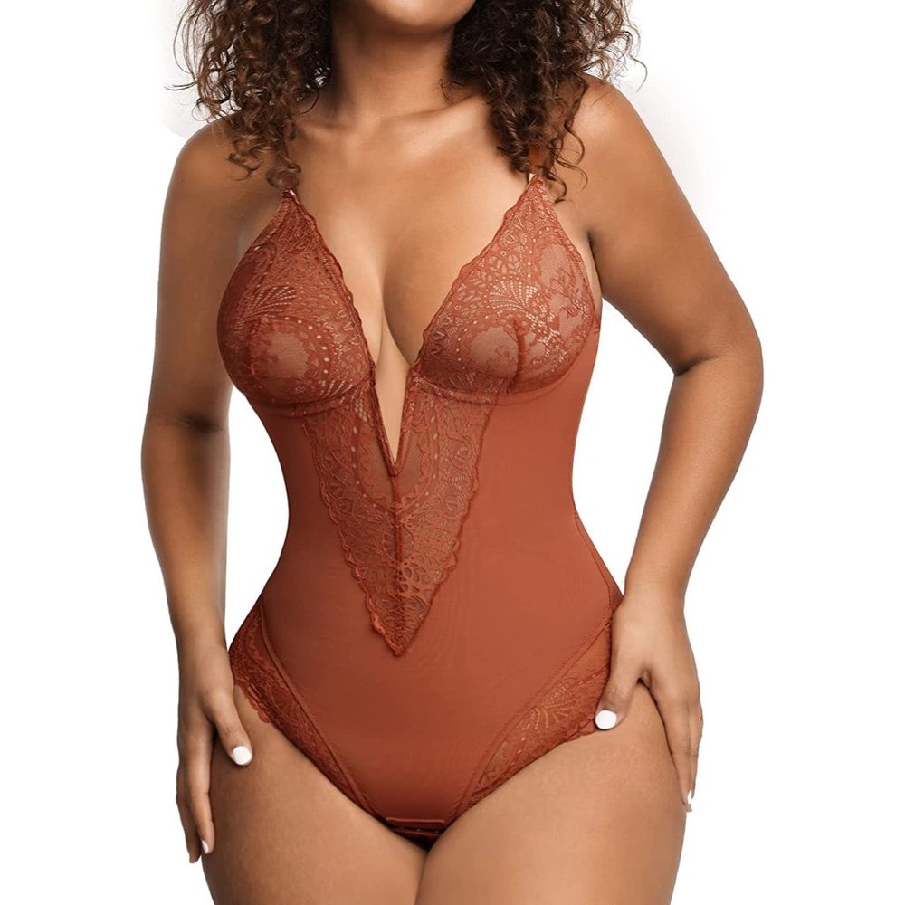 Popilush Tummy Control Butt Lifting Shapewear V Neck Bodysuit